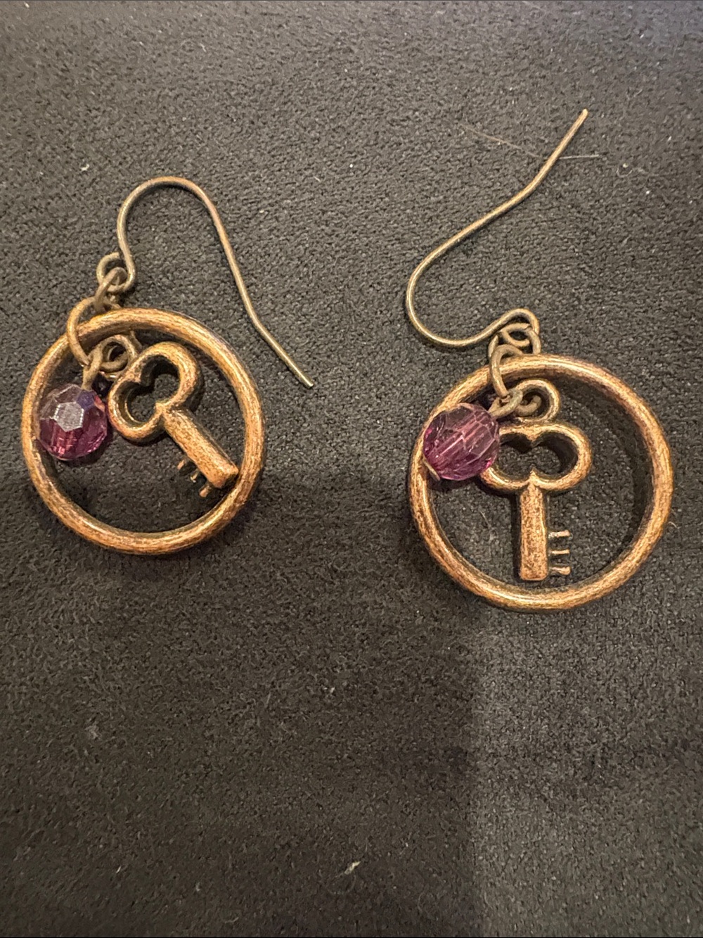 Antiqued Gold Key Hoop Earrings with Purple Accent